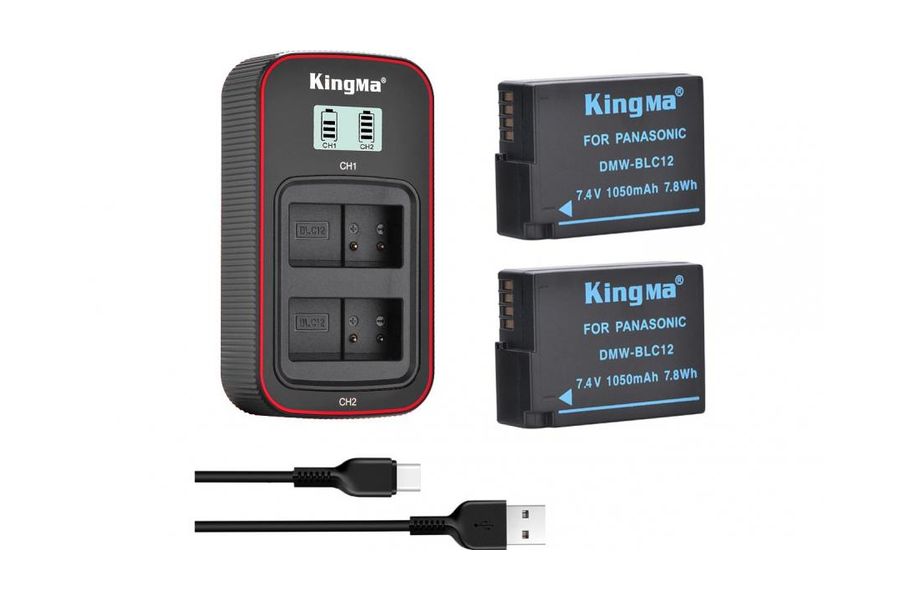 3-Pack KingMa DMW-BLC12 Комплект з 2 акумуляторів KingMa Panasonic DMW-BLC12 та зарядного пристрою на дві батареї з РК-дисплеєм
