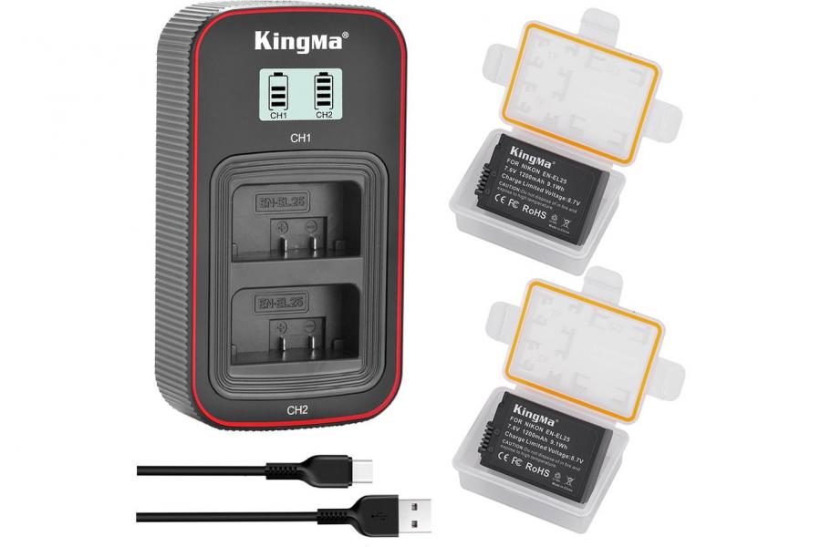 3-Pack KingMa EN-EL25 Комплект з 2 акумуляторів KingMa Nikon EN-EL25 та зарядного пристрою на дві батареї з РК-дисплеєм