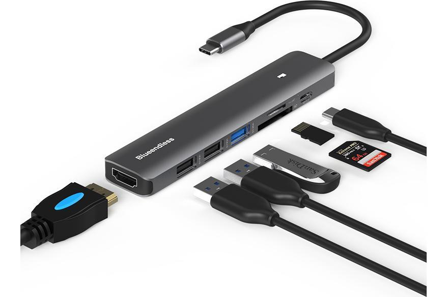 USB-C хаб 7-в-1 Blueendless Type-C 100W PD / USB 3.0 / 2*USB 2.0 / 4K30Hz HDMI / SD/MicroSD (HC703)