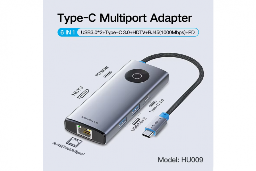 Type-C - USB 3.0*2 + Type-C + HDMI + PD + Gigabit RJ45 6-в-1 адаптер Mindpure (HU009)