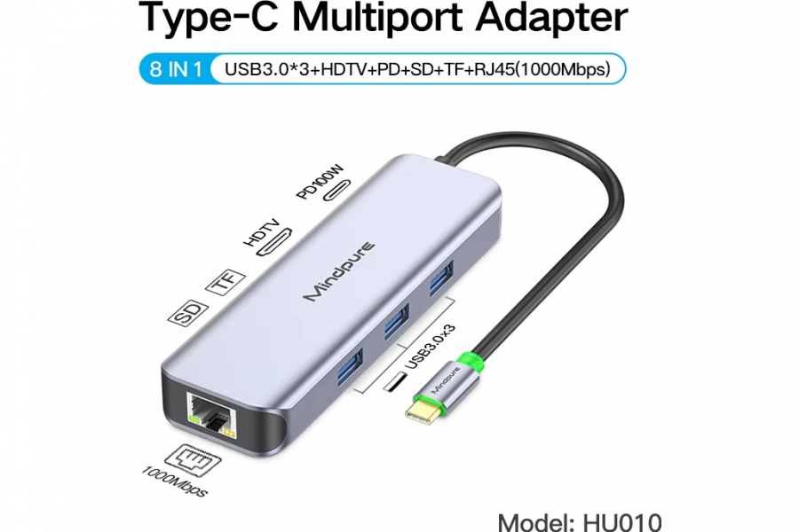 Type-C - USB 3.0*3 + HDMI + PD + SD + TF + Gigabit RJ45 8-в-1 адаптер Mindpure (HU010)