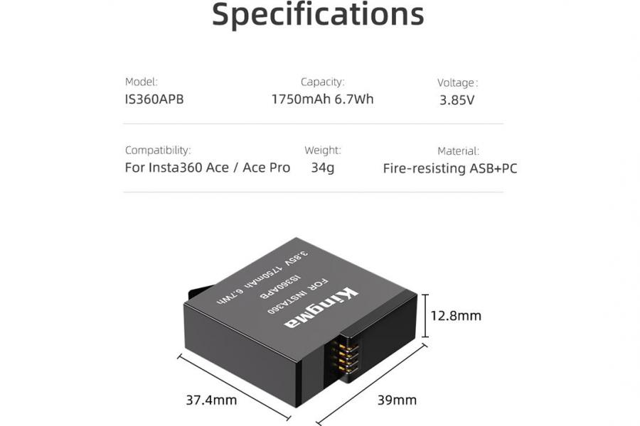 Акумулятор KingMa Insta IS360APB для IS360APB (1750 mAh, 3.85V, 6.7 Wh)